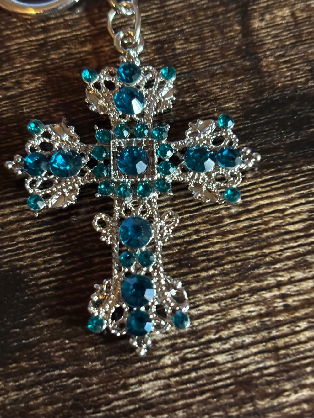 Silver Tone Cross Keychain with Teal Blue Crystals
